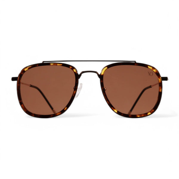 VO brand aviator sunglasses with brown polarized lenses and a Havana gold frame.