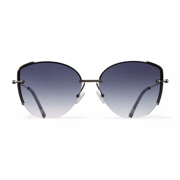 VO Round Gradient Grey Sunglasses with a rimless design, a thin silver metal frame, and dark gradient lenses.