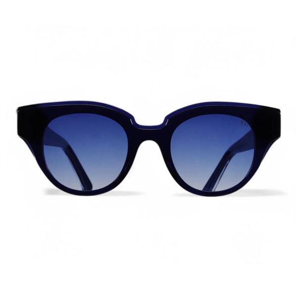 VO Oval Blue Sunglasses with dark blue lenses and thick blue temples featuring a chain design.
