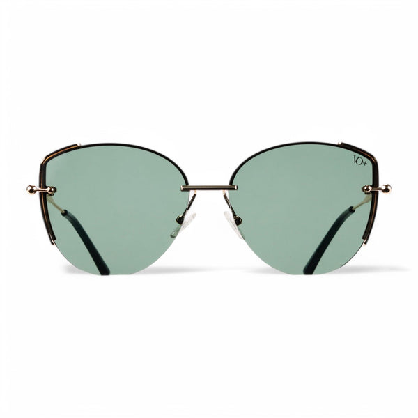 VO Round Green Sunglasses with slim gold metal frame and dark green lenses.