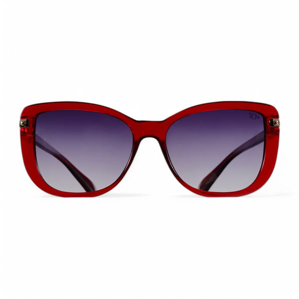 Red butterfly sunglasses with polarized lenses and UV protection.