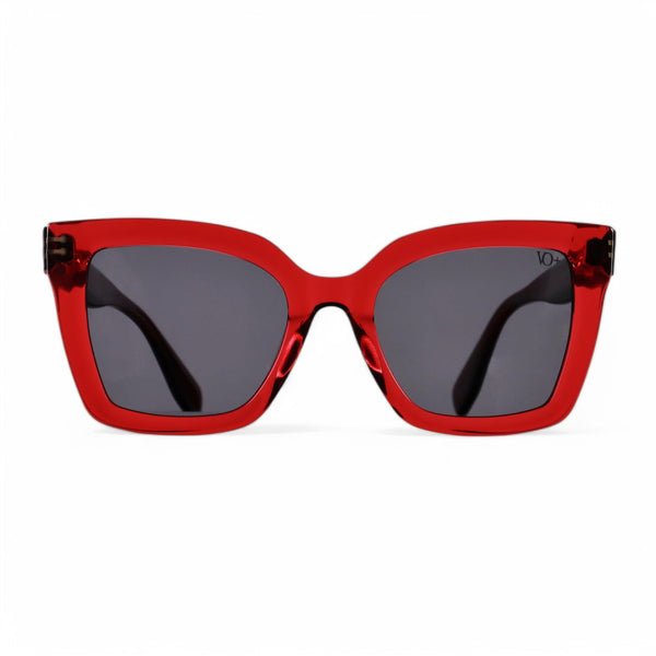 VO Oversized Square Red Sunglasses with a bold red frame and dark lenses.