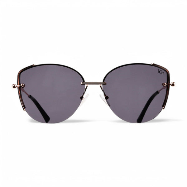 VO Round Black Sunglasses with dark lenses and a slim rose gold metal frame.